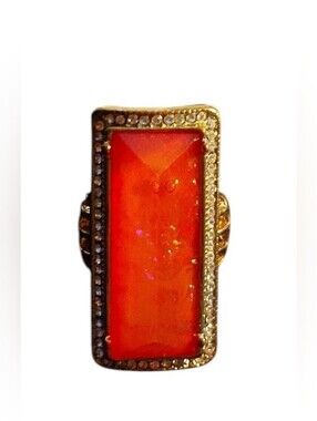 Gold-Tone Orange Rectangular Stretchable Stone Ring with Crystal Halo